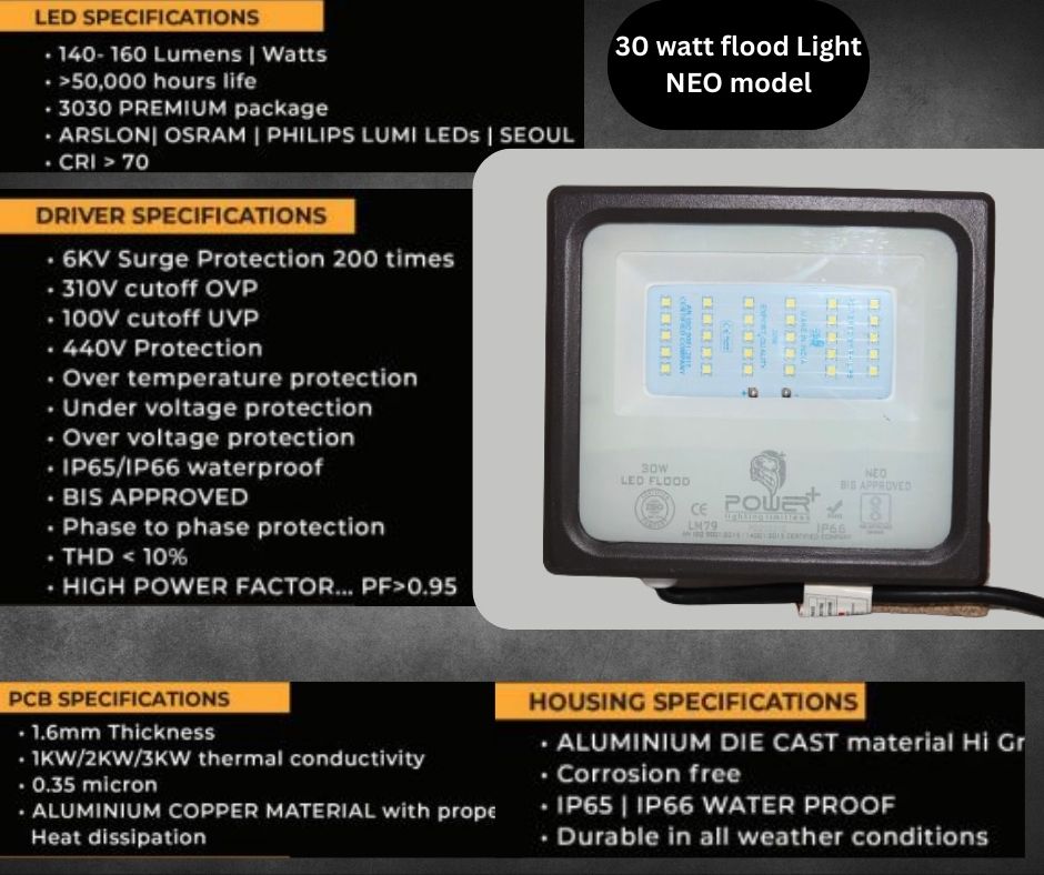 Power Plus's 30 Watt LED Flood Light Waterproof - IP66 Led Lights -(Light color: White)-Pack of 1| Short circuit & surge protection.