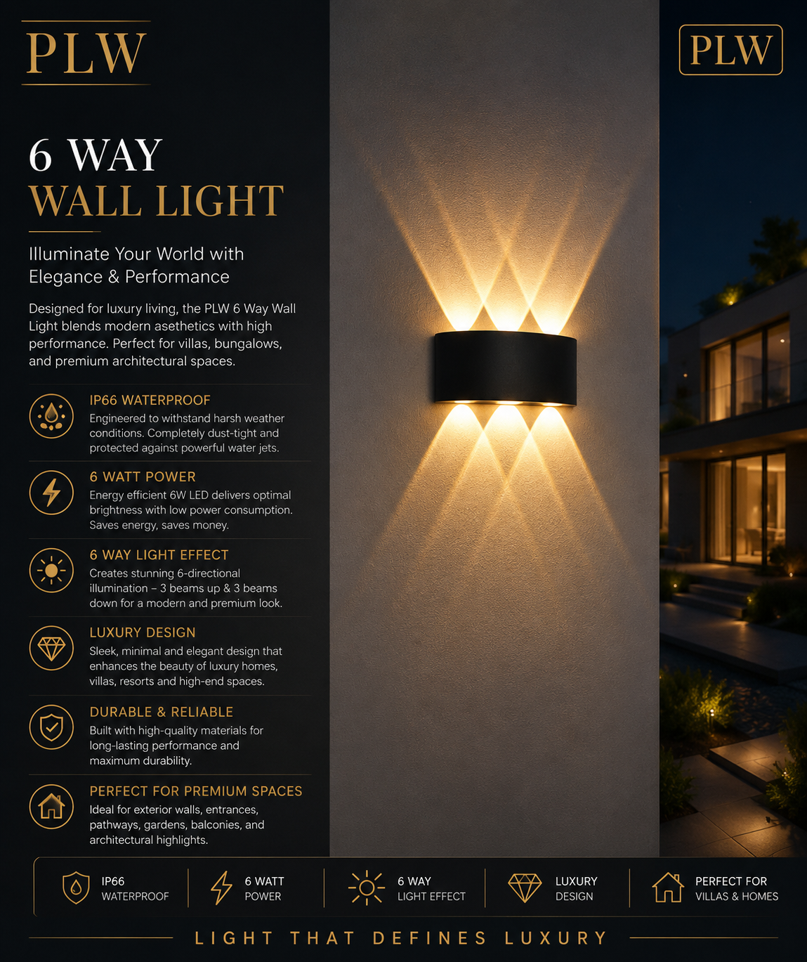 PLW 6 Way LED UP Down Wall Light | 6W IP66 Waterproof Up Down Outdoor Decorative Wall Lamp | Warm White | 1 Year Warranty | Black Finish