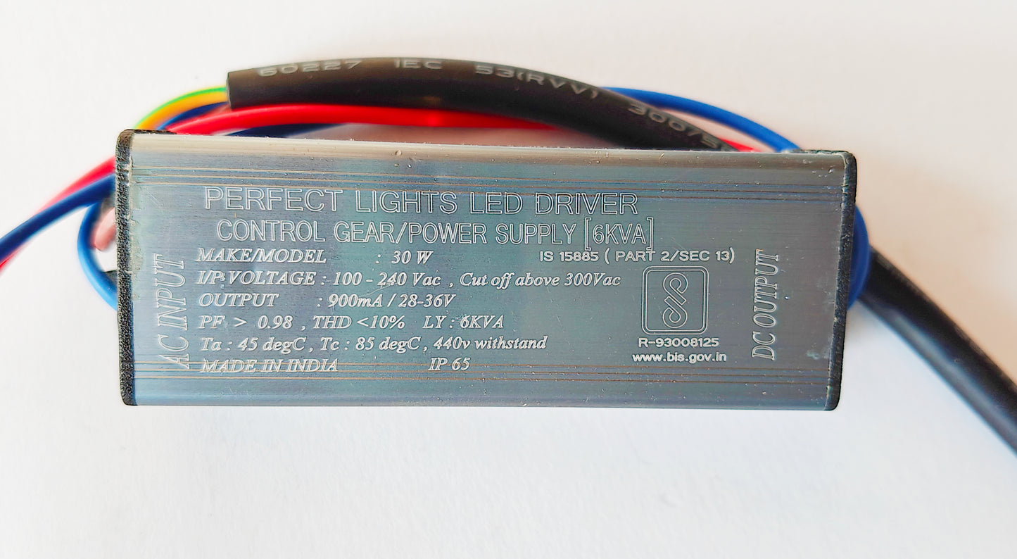 Perfect Light's 30w 900mA, LED Driver Power Supply , Output Voltage: DC24v- 36V, IP65 for Street Light & Flood Light LED Driver with 6KVA surge protection