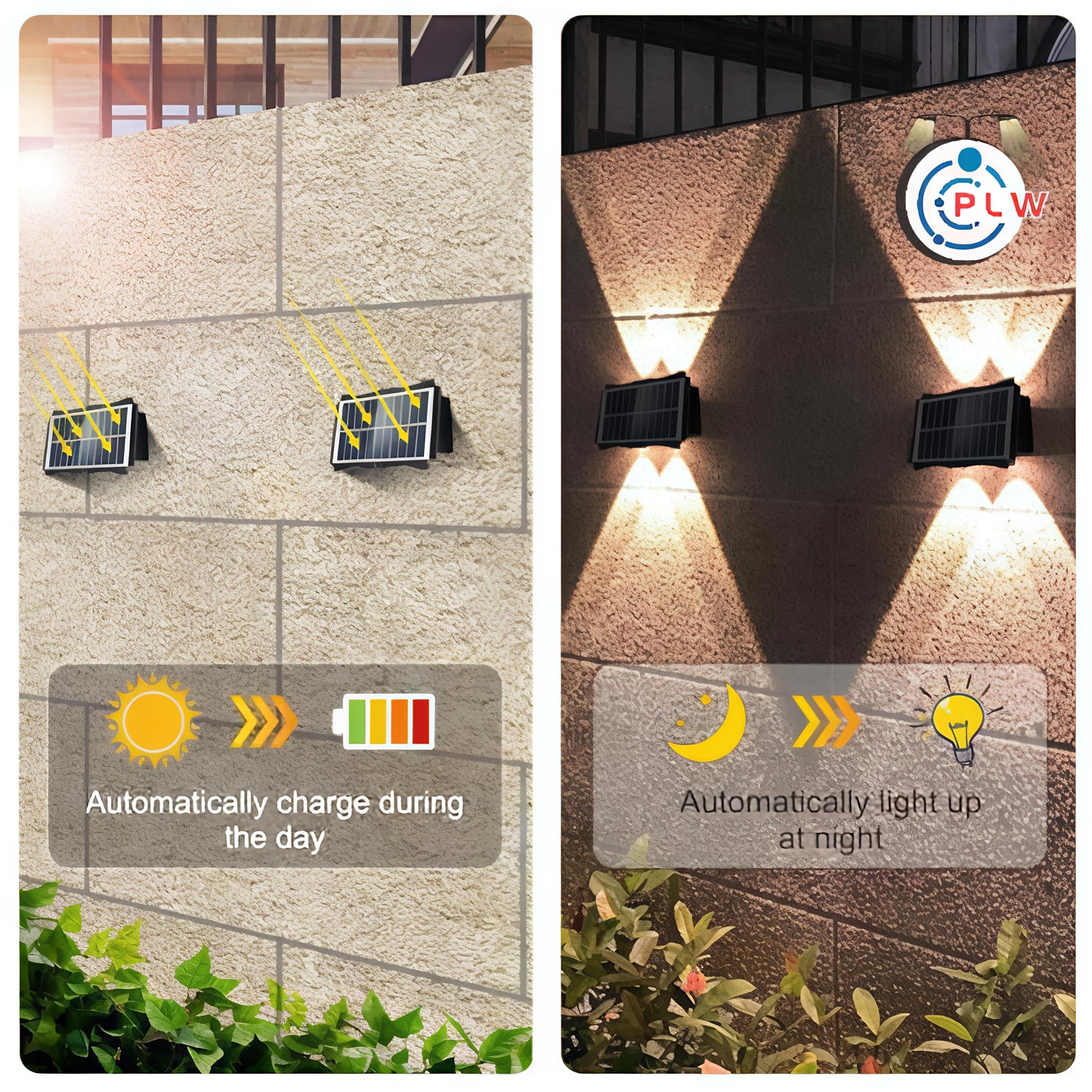 PLW (2pcs) SOLAR WALL LIGHT 2x2 LENS UP & DOWN – 4W (Color: Warm White) Automatic day- Night ON/Off Pack of 2