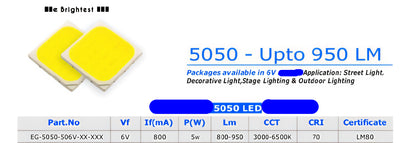 PLW's SMD LED 5050 {Qty-: 50 pcs} 5 Watt 6 Volt (Color: WHITE) Super Bright 6500K, 850- 900LM- 800-900mA, SMD LED Chip for Repair  Street Light, Flood Light and Highbay/UFO Lights (Pack of 50)