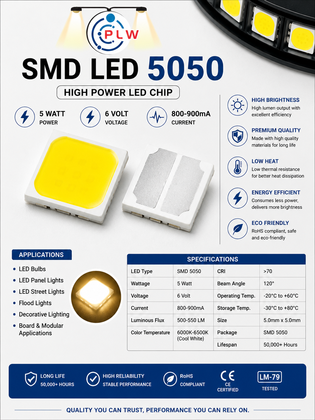 PLW's SMD LED 5050 {Qty-: 50 pcs} 5 Watt 6 Volt (Color: WHITE) Super Bright 6500K, 850- 900LM- 800-900mA, SMD LED Chip for Repair  Street Light, Flood Light and Highbay/UFO Lights (Pack of 50)