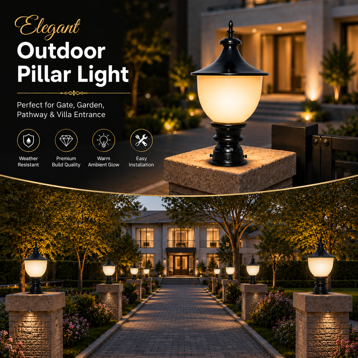 PLW Classic Gate Pillar Lamp| Model: Samrat Sm  Outdoor Decorative Garden Light | Weather Resistant | Bulb Not Included-  Pack of 2