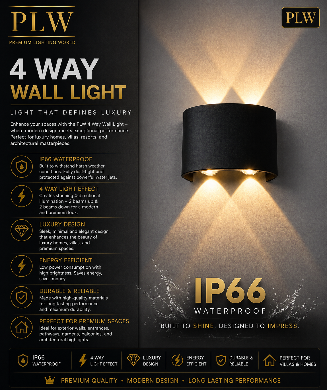 PLW 4 Way LED Wall Light Up down | 4W IP66 Waterproof Up Down Outdoor Wall Lamp | Warm White | Premium Aluminium Body | 1 Year Warranty