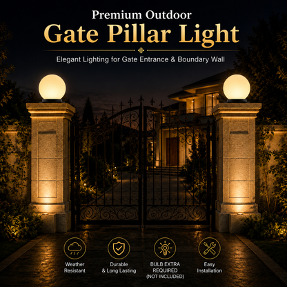 PLW Premium Outdoor Globe Pillar Light Round | Modern Garden Gate Lamp circle safe | Bulb Extra Required | Pack of 2