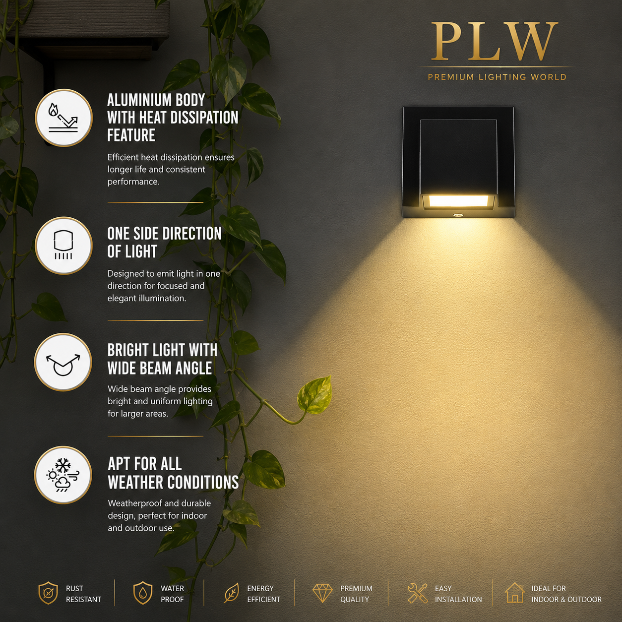 PLW 1 Way K 3W LED Wall Light | 6W IP66 Waterproof Outdoor Wall Lamp | Warm White | Premium Aluminium Body | 1 Year Warranty- 1 pcs