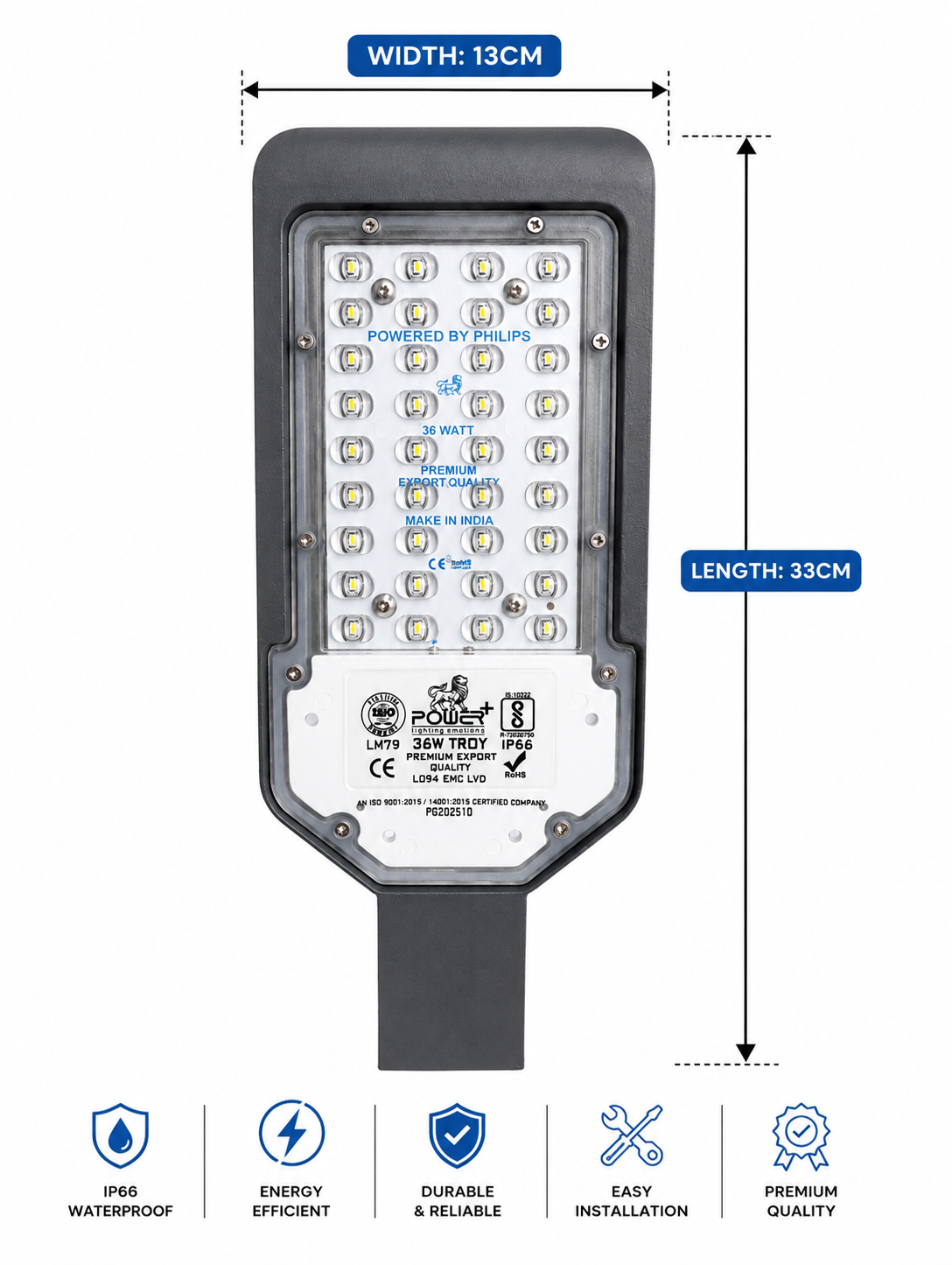 POWER Plus 36Watt LED Street Light LENS Model Waterproof ,Street Lights Outdoor, Street Lamp, LED Street Road Lights With 6kva Surge Protection - Color : Cool White,Pack-1 nos