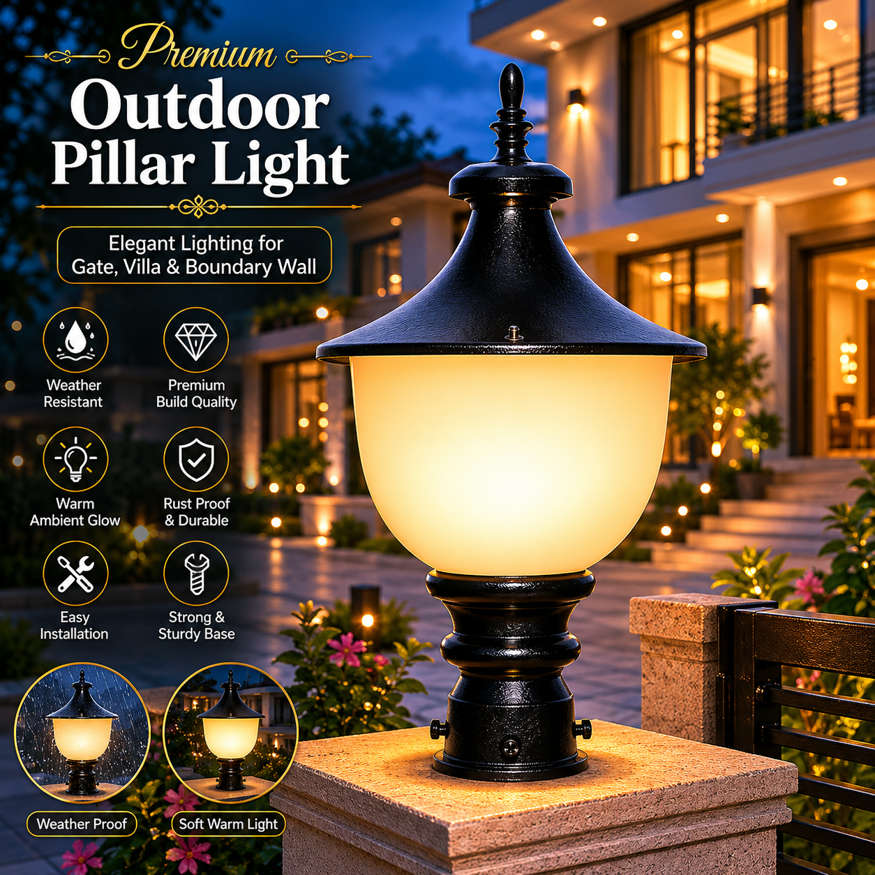 PLW Classic Gate Pillar Lamp| Model: Samrat Sm  Outdoor Decorative Garden Light | Weather Resistant | Bulb Not Included-  Pack of 2
