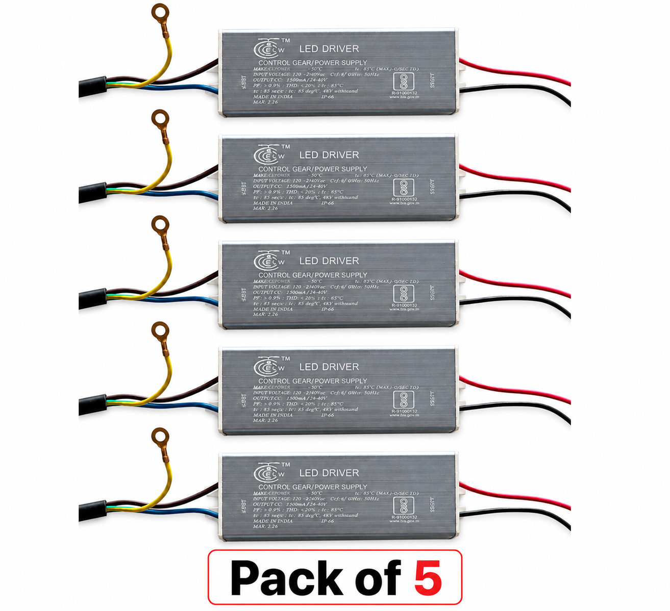 PLW 50w 1500mA, LED Driver Power Supply IP65 for Street Light & Flood Light , LED Driver with 6KVA surge protection- pack of 5