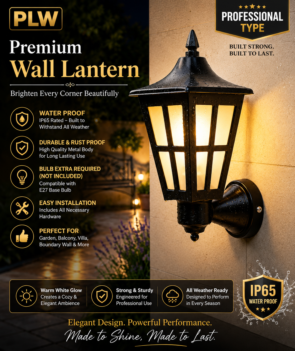 PLW Premium Outdoor Wall Lantern Light | IP65 Waterproof Wall Mounted Hanging light Gate, Garden & Porch Lamp | E22 Base | Bulb Extra Required (Not Included in this pack) | Pack of 2 | Black