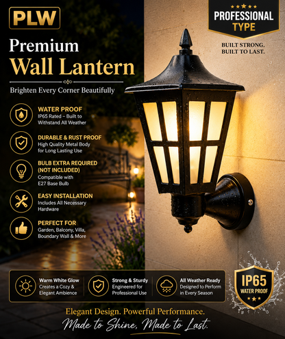 PLW Premium Outdoor Wall Lantern Light | IP65 Waterproof Wall Mounted Hanging light Gate, Garden & Porch Lamp | E22 Base | Bulb Extra Required (Not Included in this pack) | Pack of 2 | Black