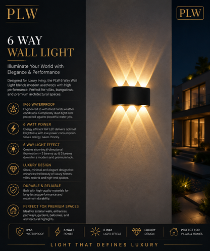 PLW 6 Way LED UP Down Wall Light | 6W IP66 Waterproof Up Down Outdoor Decorative Wall Lamp | Warm White | 1 Year Warranty | Black Finish