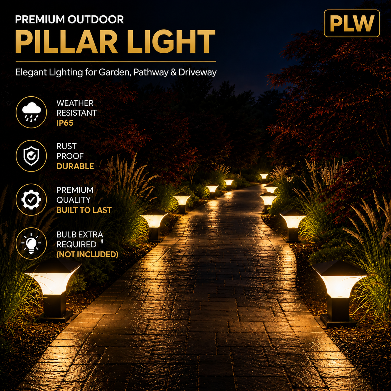 PLW Modern Outdoor Gate Pillar Light | IP65 Weather Resistant Garden Post Lamp model Fantom mini| Bulb Not Included | Pack of 2