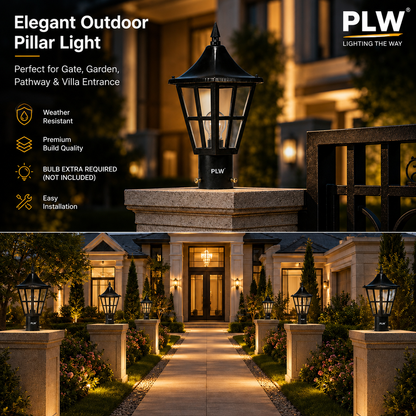 PLW Premium Outdoor Gate Post Light model- Harrican mini | E22 Holder | IP65 Weather Resistant Pillar Lamp | Decorative Garden & Gate Light | Bulb Extra Required (Not Included) | Pack of 2 | Black