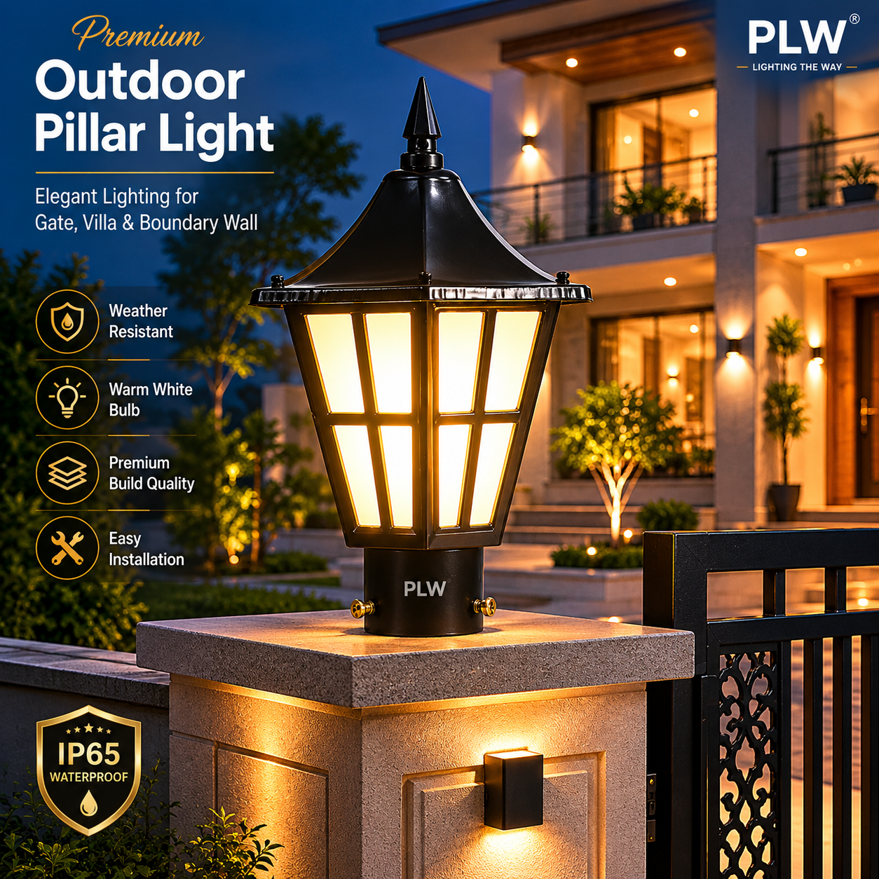 PLW Outdoor Gate Pillar Light | Decorative Black Metal Lantern for Garden, Model: Herricane Sm, Villa & Boundary Wall | Bulb Extra Required (Not Included) | Pack of 2