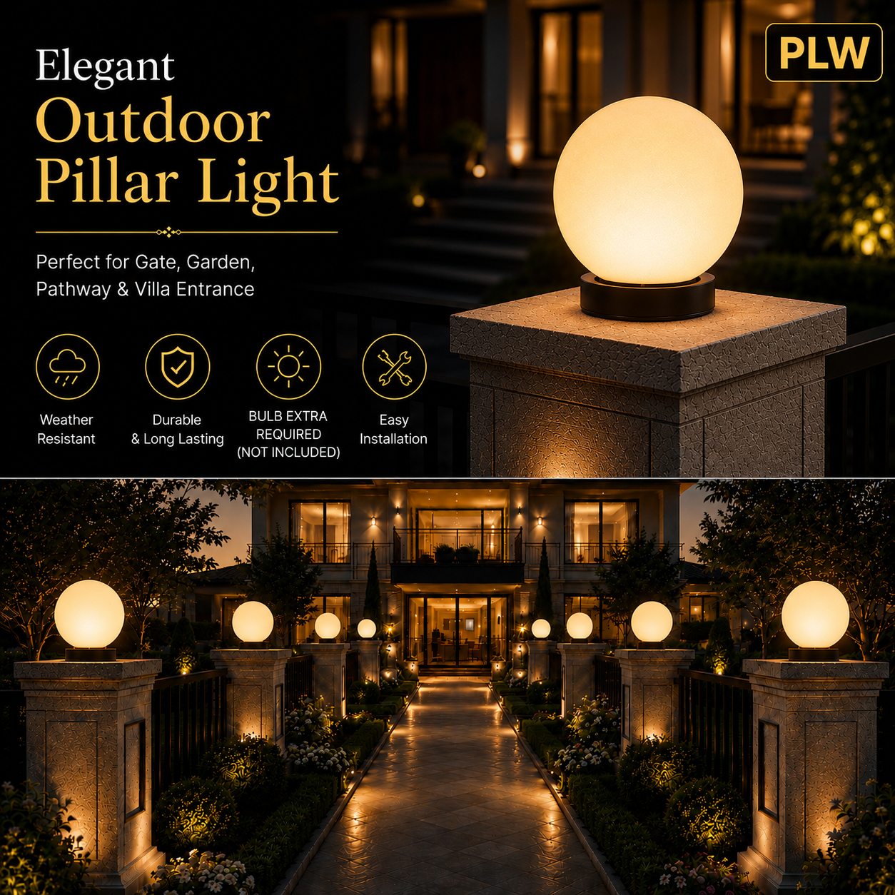 PLW Premium Outdoor Globe Pillar Light Round | Modern Garden Gate Lamp circle safe | Bulb Extra Required | Pack of 2