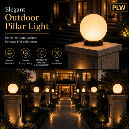 PLW Premium Outdoor Globe Pillar Light Round | Modern Garden Gate Lamp circle safe | Bulb Extra Required | Pack of 2