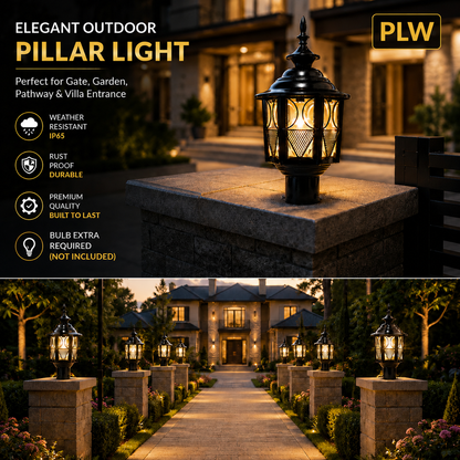 PLW Premium Outdoor Pillar Gate Lamp | Rust Resistant Metal Light Model Metro Medium | Bulb Extra Required (Not Included) | Pack of 2