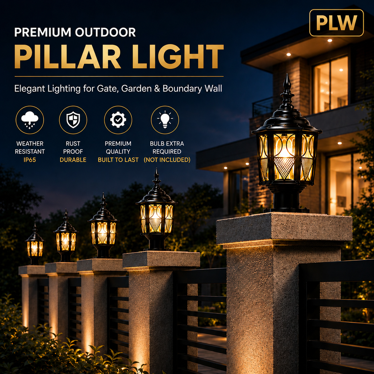 PLW Premium Outdoor Pillar Gate Lamp | Rust Resistant Metal Light Model Metro Medium | Bulb Extra Required (Not Included) | Pack of 2
