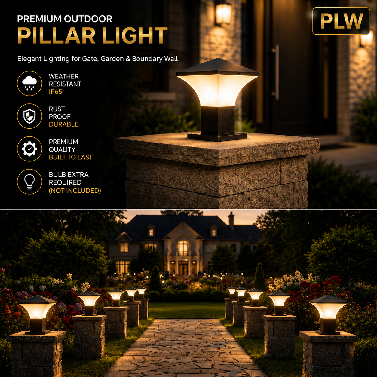PLW Modern Outdoor Gate Pillar Light | IP65 Weather Resistant Garden Post Lamp model Fantom mini| Bulb Not Included | Pack of 2