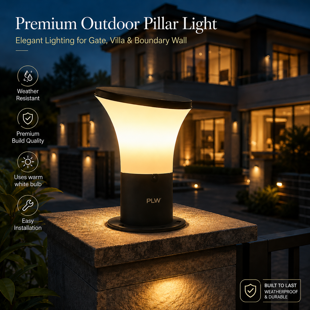 PLW Modern Outdoor Gate Lamp ,Model Oppo B22 Aluminum Base– Premium Pillar Light |  Pack of 2 (Bulb Not Included)