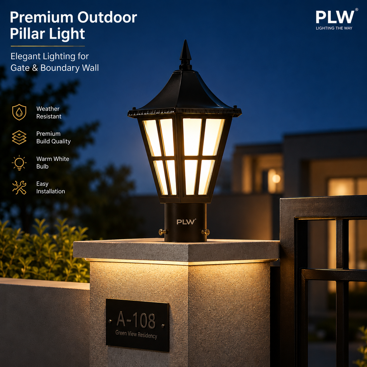 PLW Outdoor Gate Pillar Light | Decorative Black Metal Lantern for Garden, Model: Herricane Sm, Villa & Boundary Wall | Bulb Extra Required (Not Included) | Pack of 2