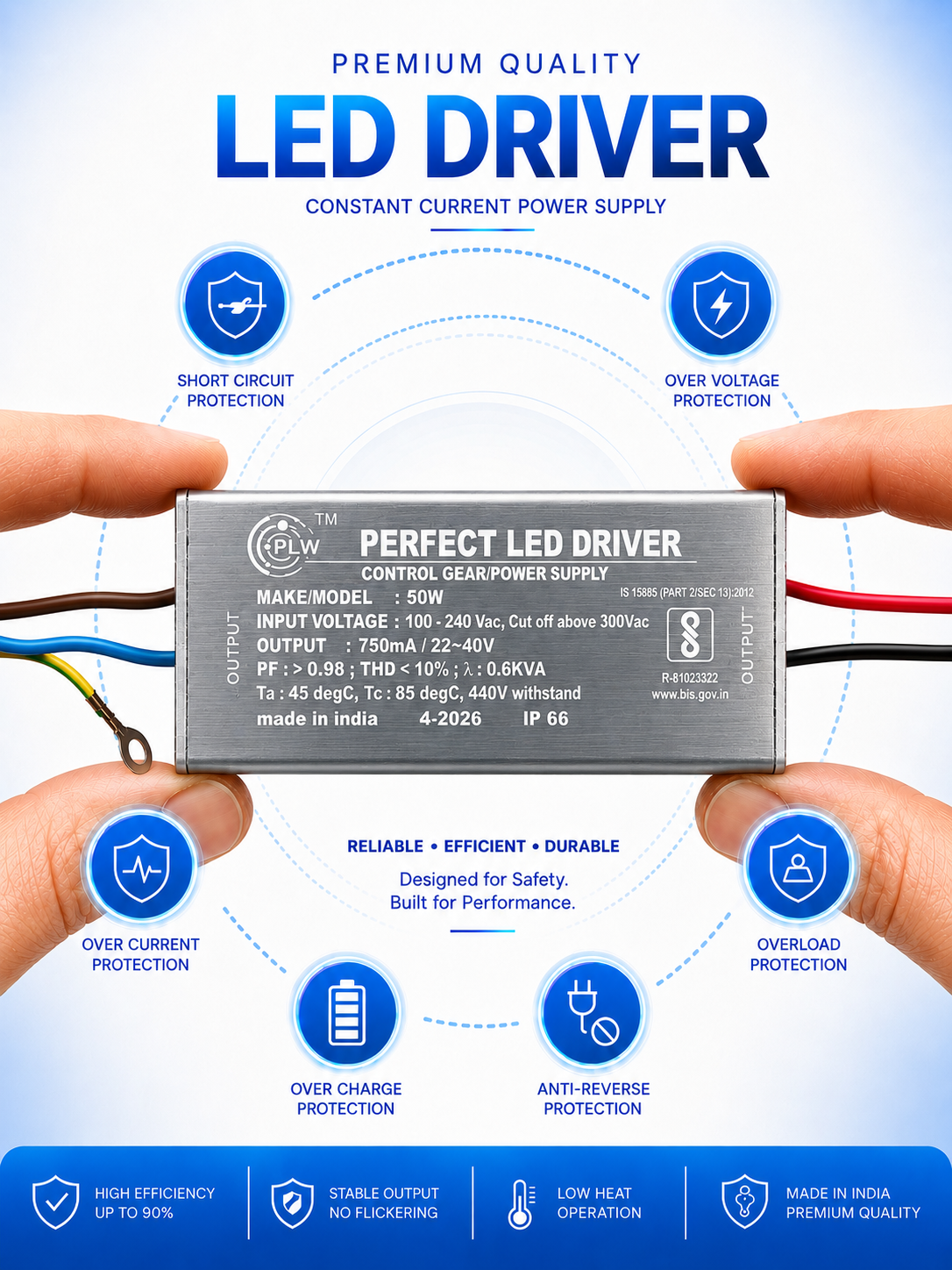Perfect Lights 50w 750mA LED Driver Power Supply IP65 for Street Light & Flood Light LED Driver with 6KVA surge protection - pack of 10