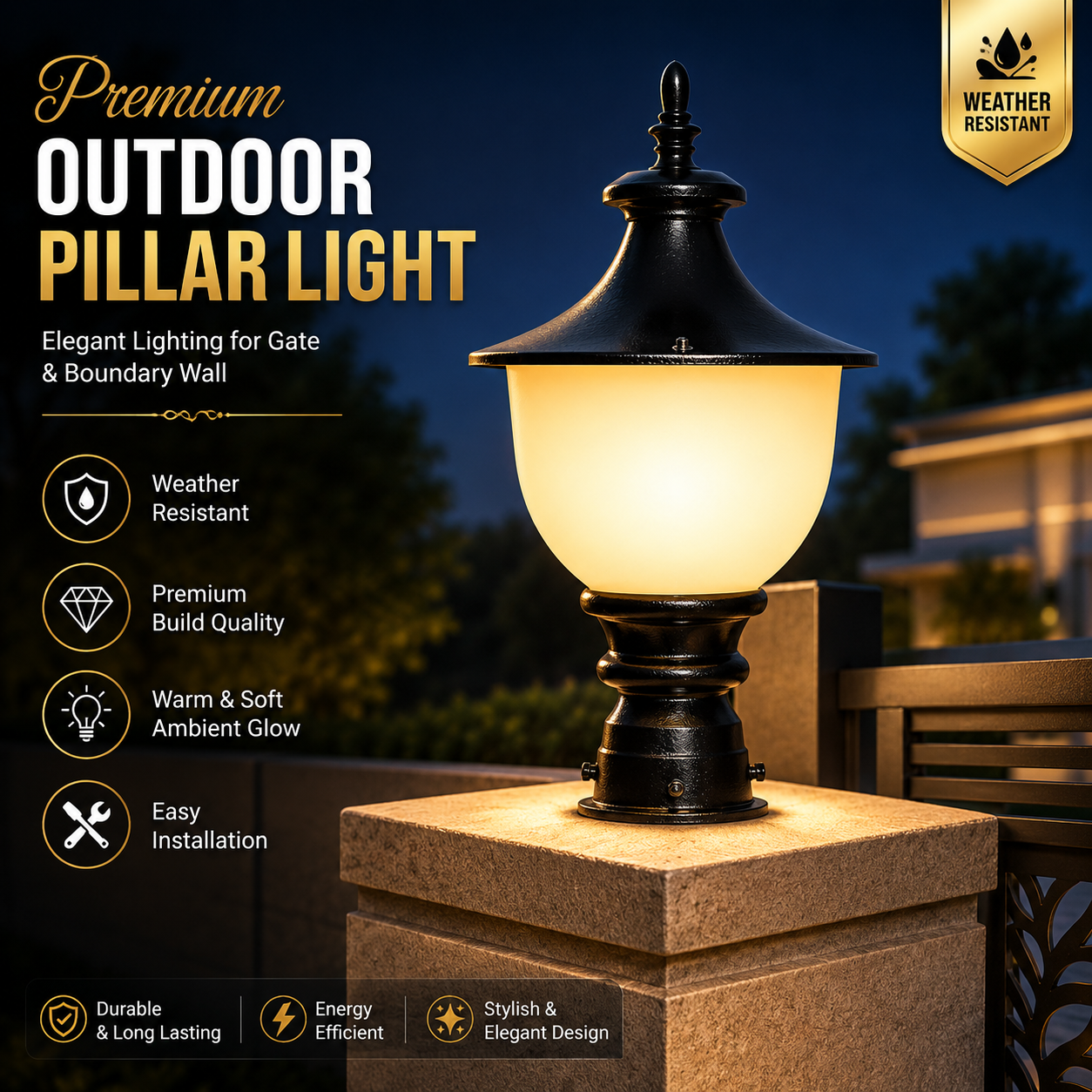 PLW Classic Gate Pillar Lamp| Model: Samrat Sm  Outdoor Decorative Garden Light | Weather Resistant | Bulb Not Included-  Pack of 2