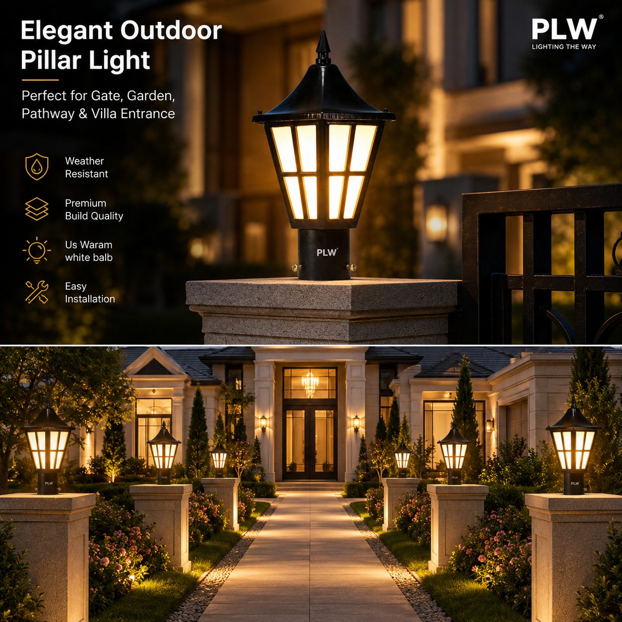 PLW Outdoor Gate Pillar Light | Decorative Black Metal Lantern for Garden, Model: Herricane Sm, Villa & Boundary Wall | Bulb Extra Required (Not Included) | Pack of 2