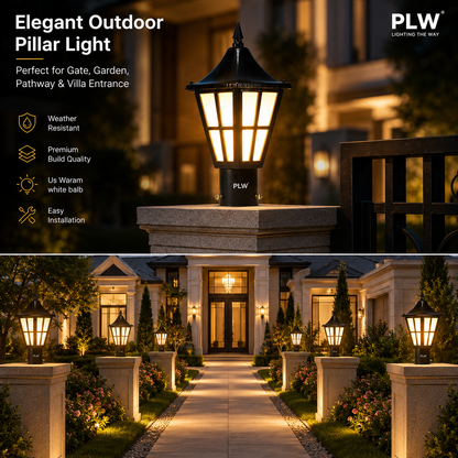PLW Outdoor Gate Pillar Light | Decorative Black Metal Lantern for Garden, Model: Herricane Sm, Villa & Boundary Wall | Bulb Extra Required (Not Included) | Pack of 2