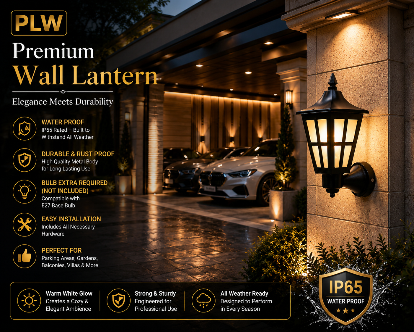 PLW Premium Outdoor Wall Lantern Light | IP65 Waterproof Wall Mounted Hanging light Gate, Garden & Porch Lamp | E22 Base | Bulb Extra Required (Not Included in this pack) | Pack of 2 | Black