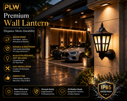 PLW Premium Outdoor Wall Lantern Light | IP65 Waterproof Wall Mounted Hanging light Gate, Garden & Porch Lamp | E22 Base | Bulb Extra Required (Not Included in this pack) | Pack of 2 | Black