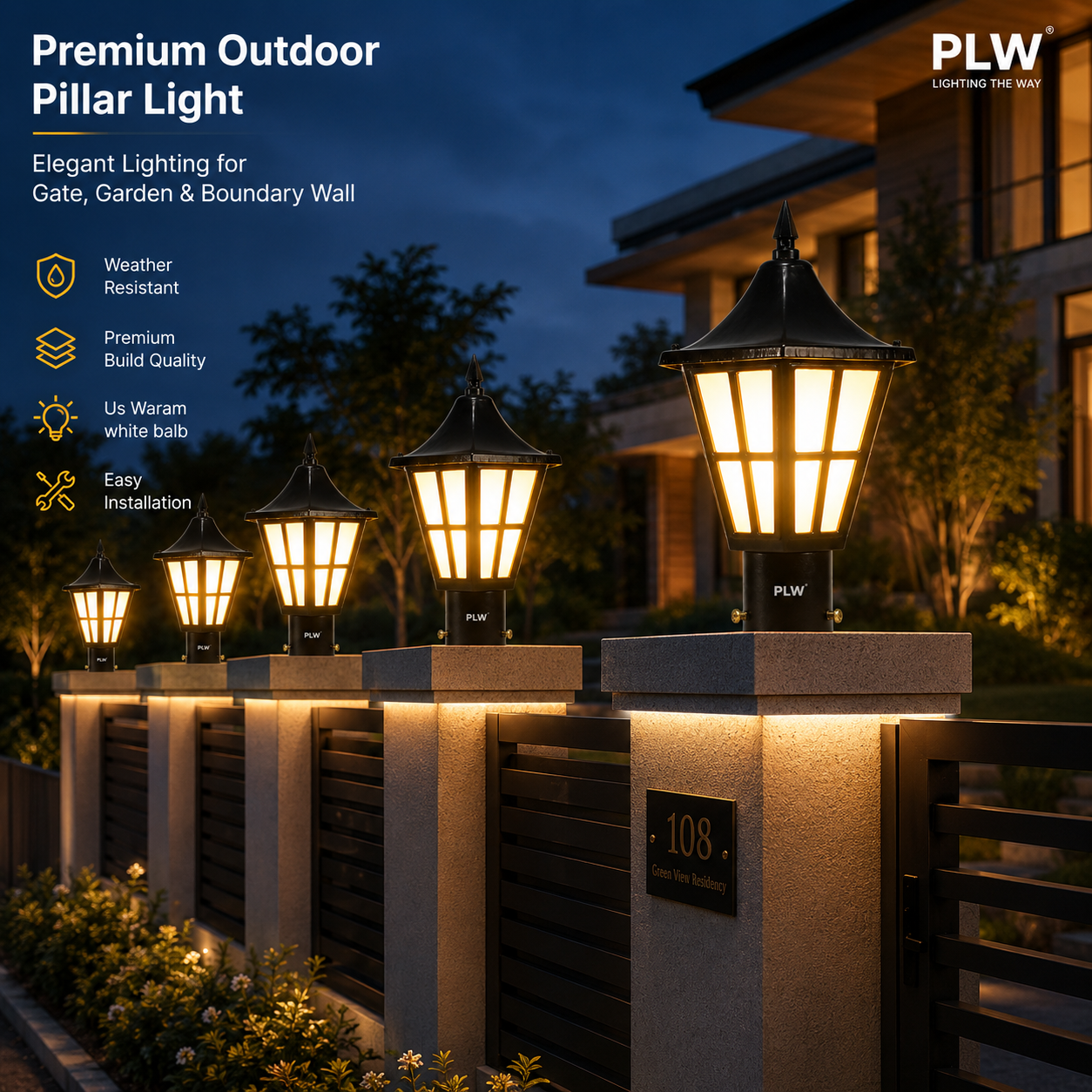 PLW Outdoor Gate Pillar Light | Decorative Black Metal Lantern for Garden, Model: Herricane Sm, Villa & Boundary Wall | Bulb Extra Required (Not Included) | Pack of 2