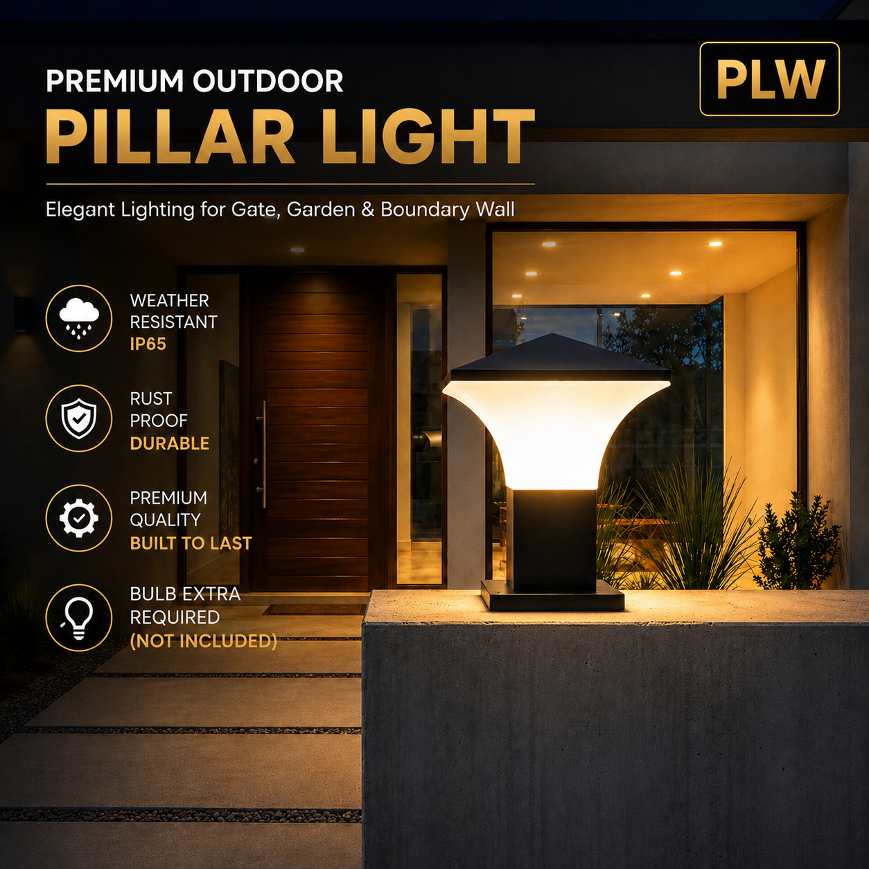 PLW Modern Outdoor Gate Pillar Light | IP65 Weather Resistant Garden Post Lamp model Fantom mini| Bulb Not Included | Pack of 2