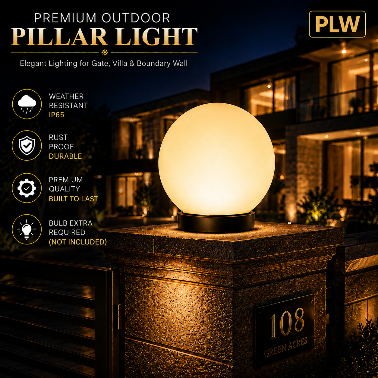 PLW Premium Outdoor Globe Pillar Light Round | Modern Garden Gate Lamp circle safe | Bulb Extra Required | Pack of 2