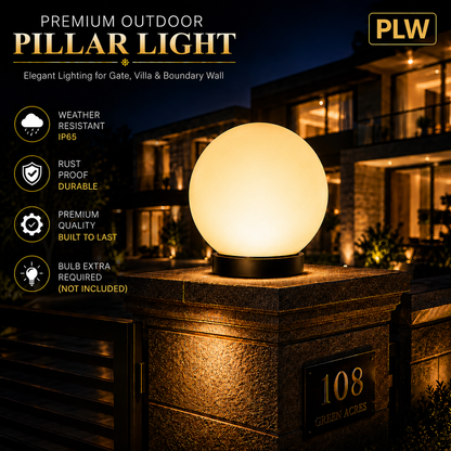 PLW Premium Outdoor Globe Pillar Light Round | Modern Garden Gate Lamp circle safe | Bulb Extra Required | Pack of 2