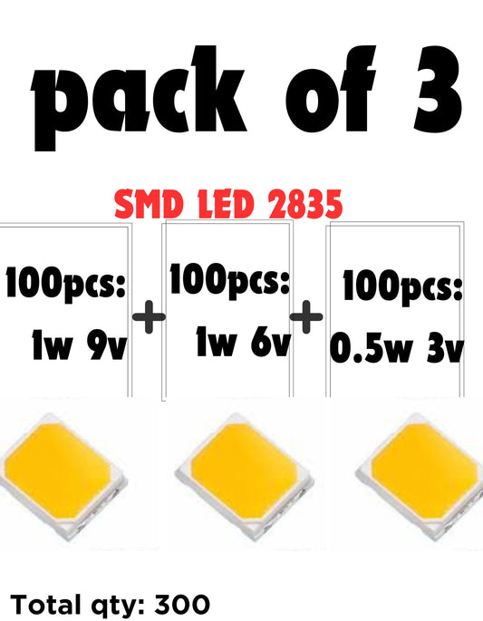 SMD LED2835 1W 9v, 1W 6v and 0.5W 3v, 100 pcs of Each category  (total 300pcs) High Super Bright 6500K (Cool White) for Repair LED Bulb, LED/LCD TV Backlight, Street Light, Flood Light (Pack of 3)