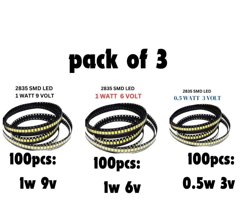 SMD LED2835 1W 9v, 1W 6v and 0.5W 3v, 100 pcs of Each category  (total 300pcs) High Super Bright 6500K (Cool White) for Repair LED Bulb, LED/LCD TV Backlight, Street Light, Flood Light (Pack of 3)