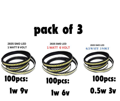 SMD LED2835 1W 9v, 1W 6v and 0.5W 3v, 100 pcs of Each category  (total 300pcs) High Super Bright 6500K (Cool White) for Repair LED Bulb, LED/LCD TV Backlight, Street Light, Flood Light (Pack of 3)